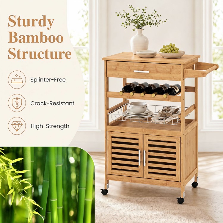 Bamboo rolling kitchen island trolley features a spacious cabinet, wine rack, and durable splinter-free construction for versatile use.