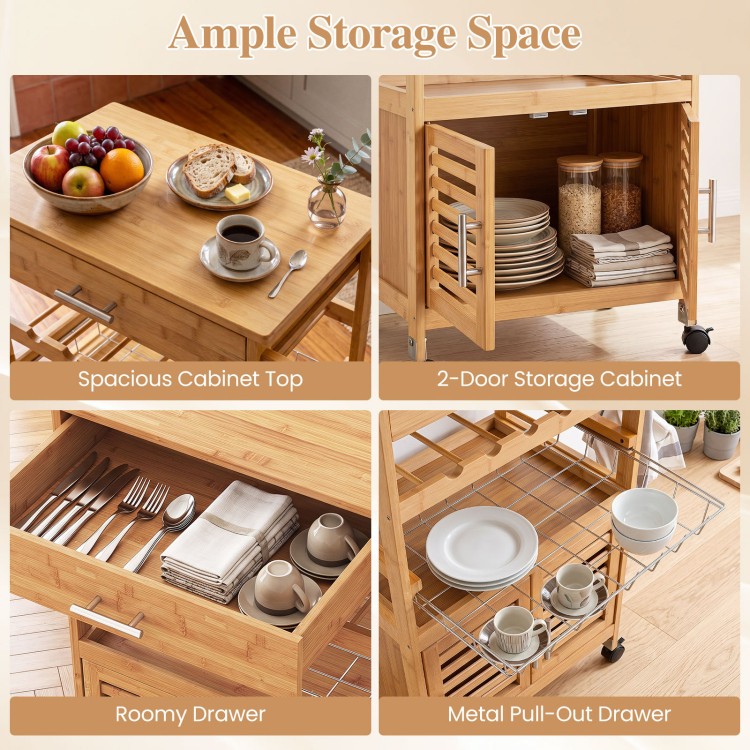 Bamboo rolling kitchen island trolley features a spacious cabinet top, 2-door storage cabinet, and a roomy drawer for organization.