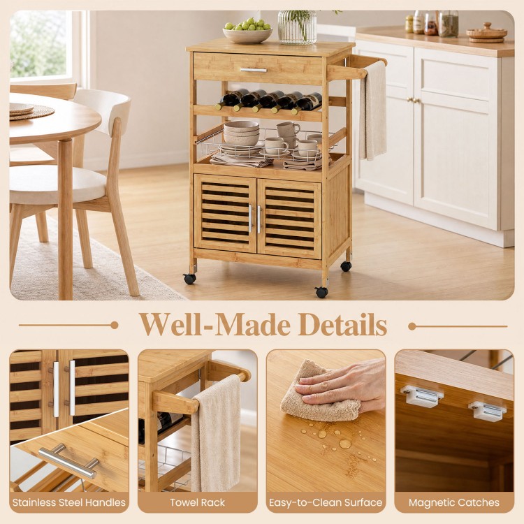 Bamboo rolling kitchen island trolley features a spacious cabinet, wine rack, and stainless steel handles for easy mobility.