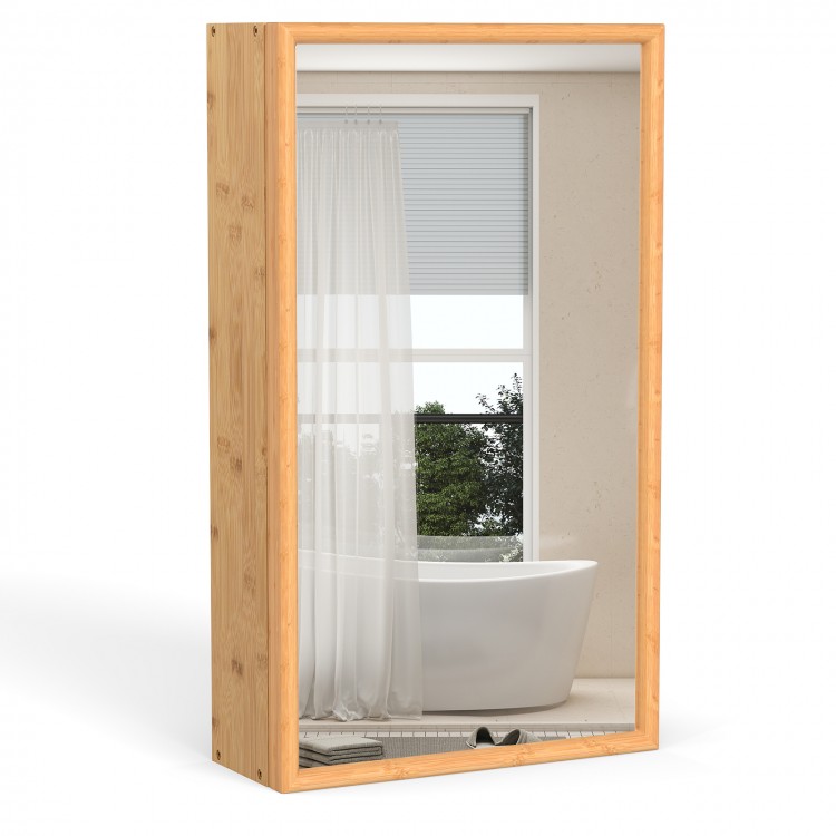 Bamboo small medicine cabinet with mirror door, showcasing a sleek varnished finish and easy-open recessed handle for.