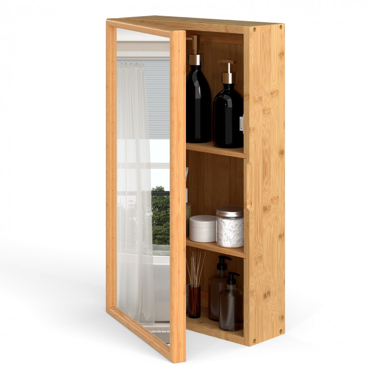 Bamboo small medicine cabinet with mirror door, featuring 3-tier storage and removable shelves for customized.