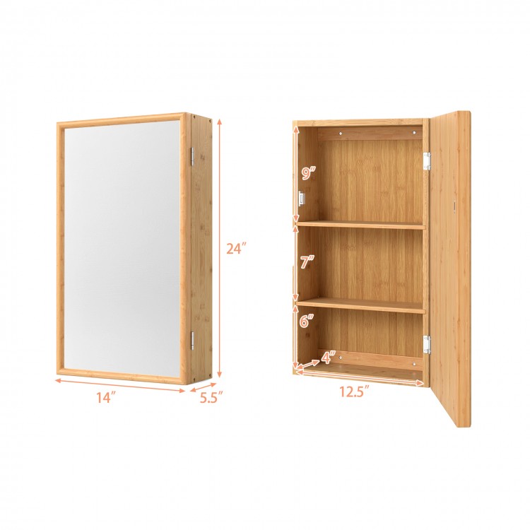 Bamboo small medicine cabinet with mirror door, featuring removable shelves for customizable storage, ideal for.