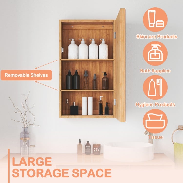 Bamboo small medicine cabinet with mirror door and removable shelves, featuring 3-tier storage for toiletries and.