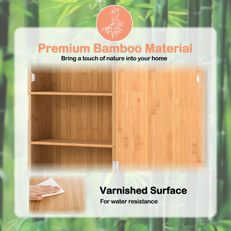 Bamboo small medicine cabinet with mirror door, varnished surface, and removable shelves for customizable storage.