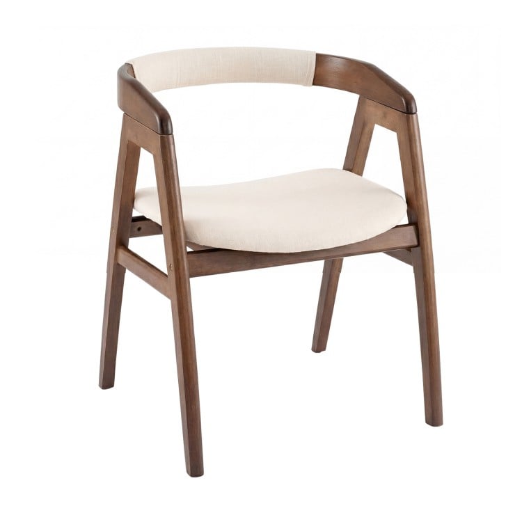 Bamboo upholstered dining chair with curved back and armrest, walnut finish, ideal for dining rooms and living spaces.