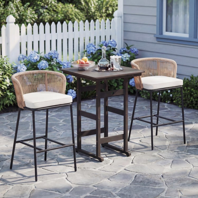 Bar height woven rope patio chairs set of 2 with white cushions, perfect for outdoor relaxation on the patio or balcony.