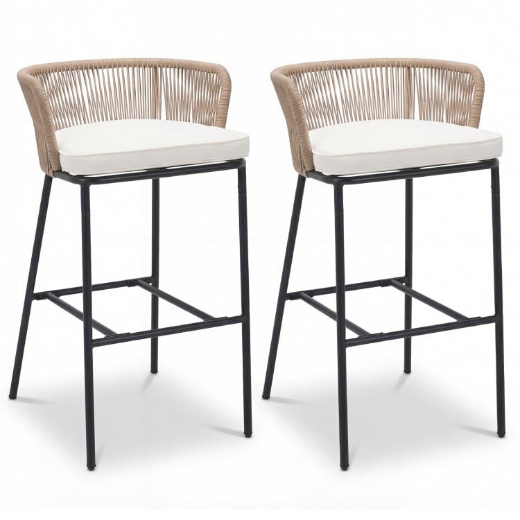 Bar height woven rope patio chairs set of 2 with white cushions, featuring a stylish design and sturdy metal.