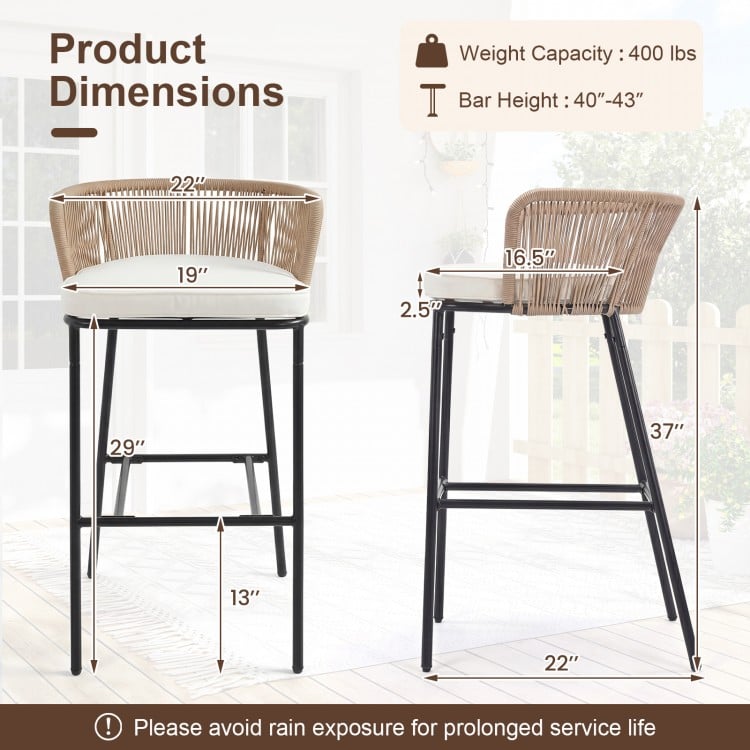 Bar height woven rope patio chair with cushion, 400 lbs capacity, ideal for outdoor seating on patio or balcony.