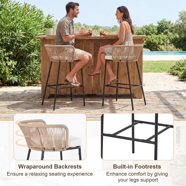 Bar height woven rope patio chairs set of 2 in white with wraparound backrests and built-in footrests for outdoor.