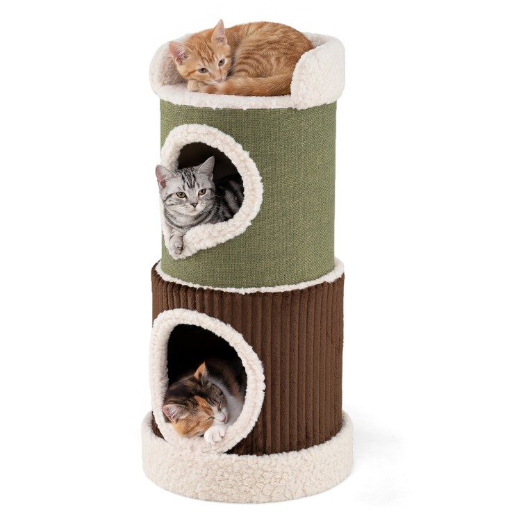 Barrel cat house in modern green with top perch and double condos, featuring plush velvet for cozy lounging.