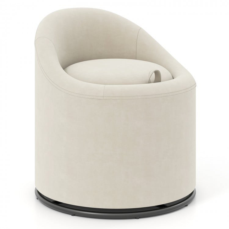 Beige barrel chair with storage, soft velvet upholstery, 360° swivel, ideal for bedroom or living room use.