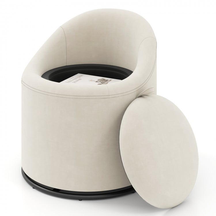 Beige barrel chair with hidden storage, soft velvet upholstery, and 360° swivel for versatile use in any room.