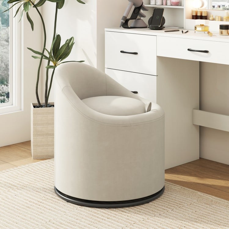 Beige barrel chair with hidden storage, soft velvet upholstery, and 360° swivel, ideal for bedroom or living room use.