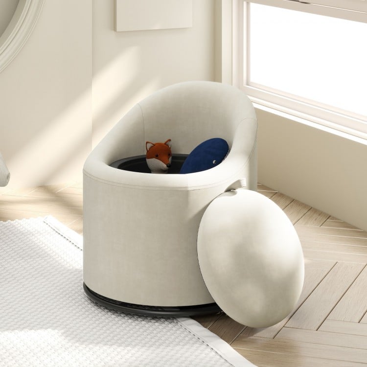 Beige barrel chair with hidden storage, soft velvet upholstery, and 360° swivel, perfect for living room or bedroom.