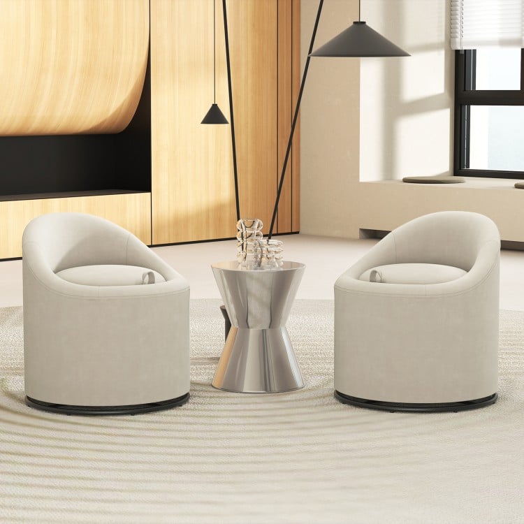 Beige barrel chair with storage and 360° swivel, featuring a curved backrest, perfect for living room or bedroom use.