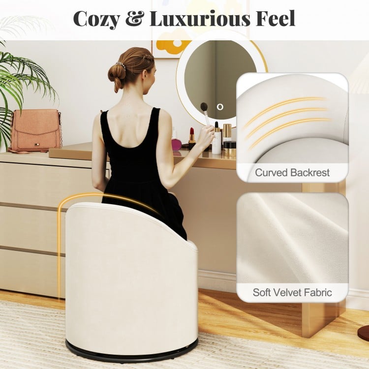 Beige barrel chair with curved backrest and hidden storage, upholstered in soft velvet, ideal for vanity use.