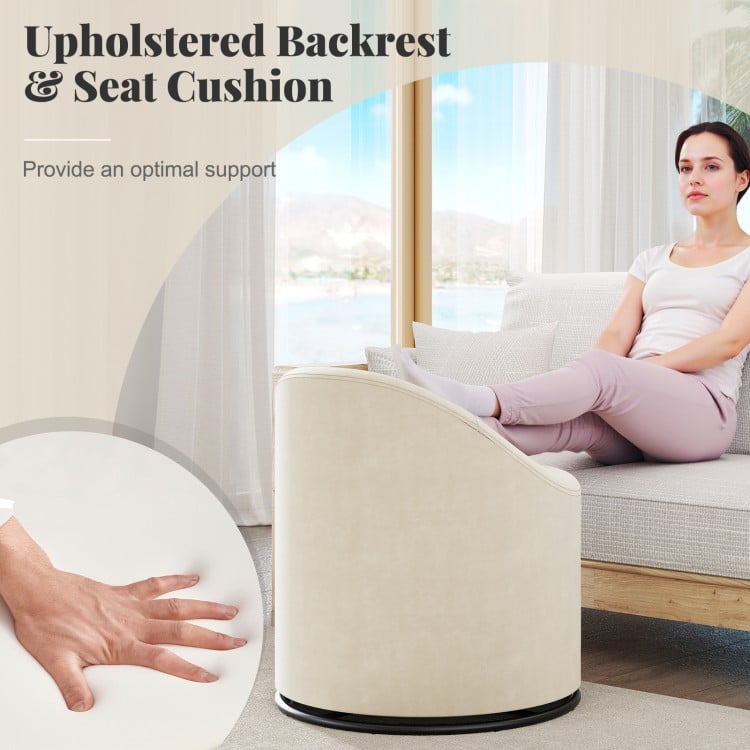 Beige barrel chair with upholstered backrest and seat cushion, featuring a hidden storage compartment and 360° swivel.