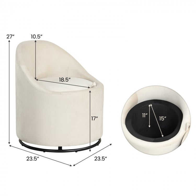 Beige barrel chair with hidden storage, soft velvet upholstery, and 360° swivel, ideal for living room or bedroom use.