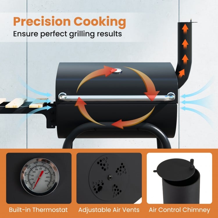 Barrel charcoal grill featuring a built-in thermostat, adjustable air vents, and a foldable side table for convenient.