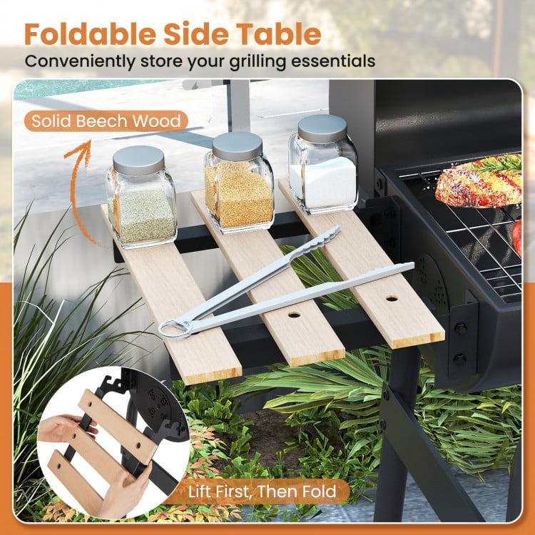 Foldable side table made of solid beech wood for the Barrel Charcoal Grill, perfect for storing grilling essentials.