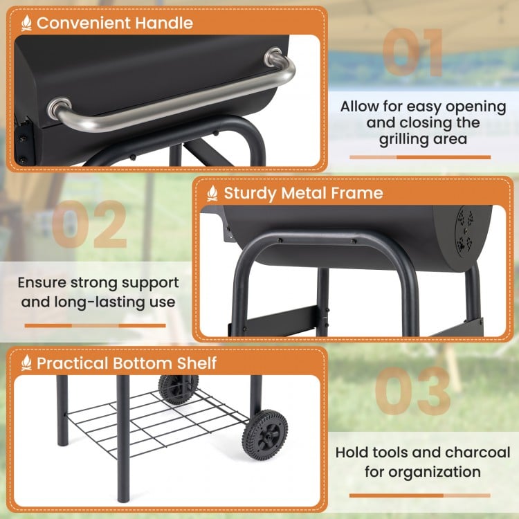 Barrel charcoal grill with a sturdy metal frame, convenient handle, and practical bottom shelf for organized storage.