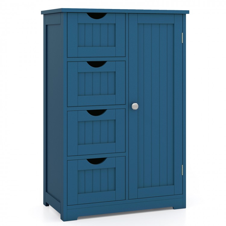 Prussian blue bathroom cabinet featuring four drawers and a side cabinet for organized storage and display.