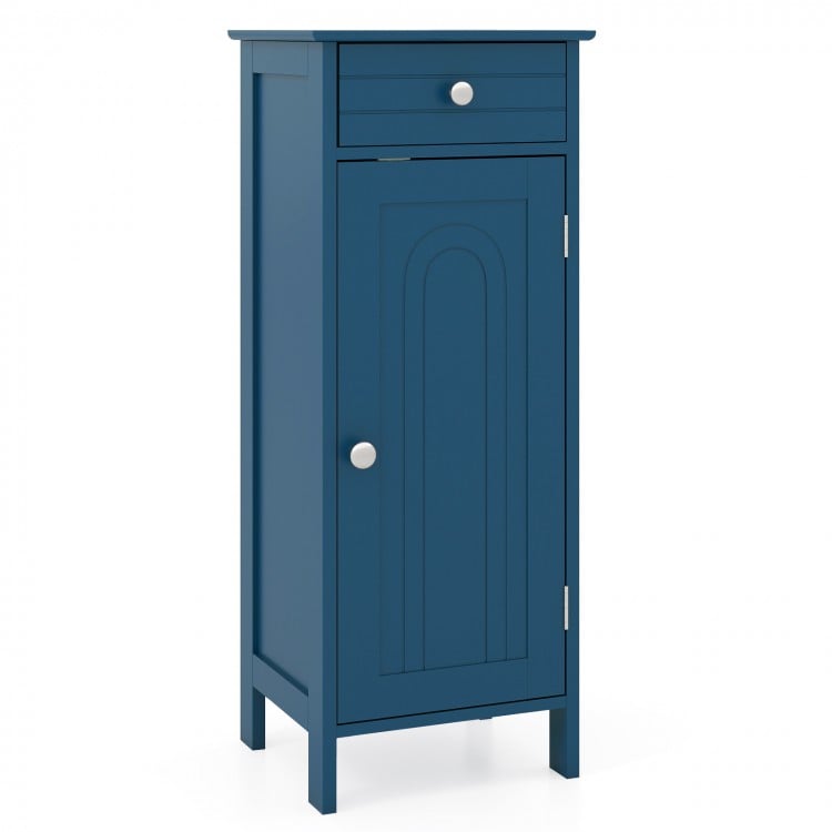Compact Prussian blue bathroom cabinet with one drawer and adjustable shelves for efficient storage in small spaces.