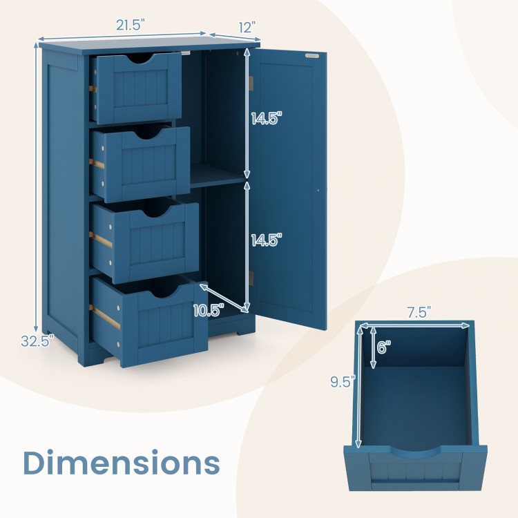 Dimensions of the Prussian Blue bathroom cabinet featuring 4 drawers and open shelves for organized storage.
