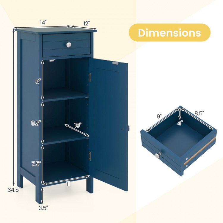 Prussian Blue bathroom cabinet dimensions with 4 shelves, 1 drawer, and anti-tipping features for compact storage.