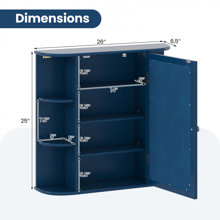 Dimensions of the Prussian Blue bathroom cabinet with 4 shelves and 6 open shelves for organized storage.