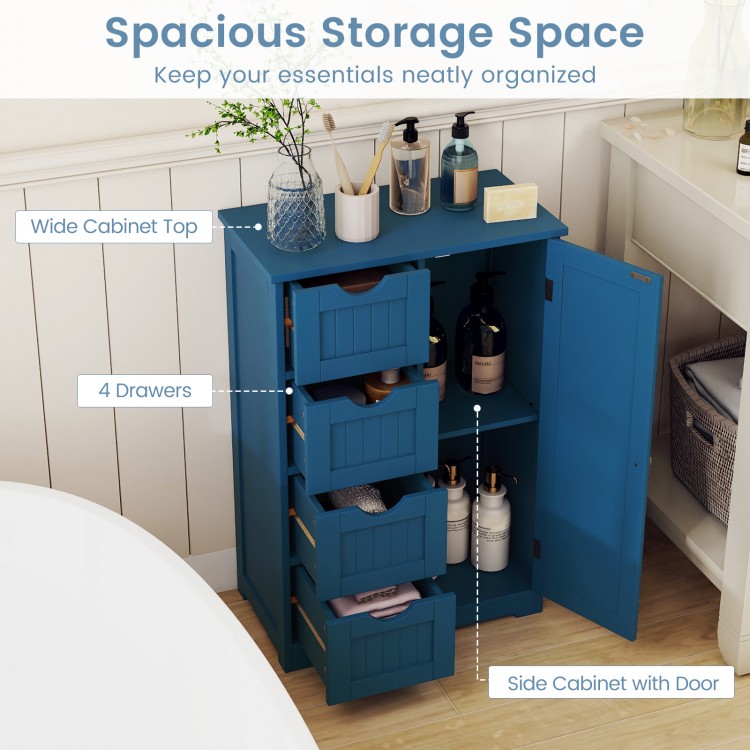 4-drawer bathroom cabinet in Prussian blue, featuring spacious top and side cabinet for organized storage.