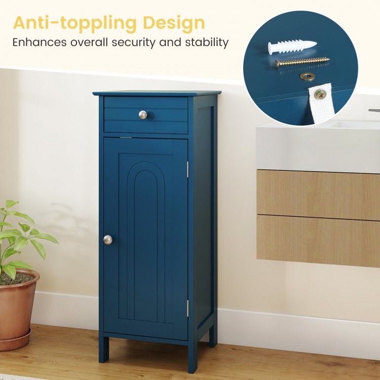 Prussian blue bathroom cabinet featuring a drawer, anti-tipping design, and compact storage for small spaces.