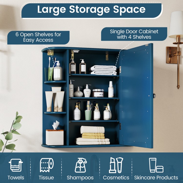 Prussian Blue bathroom cabinet featuring 6 open shelves and 4 enclosed shelves for organized storage and easy access.