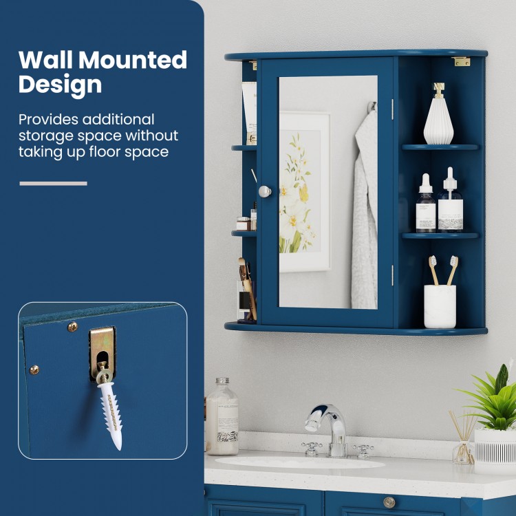 Wall-mounted Prussian Blue bathroom cabinet with mirror, featuring 4 shelves for storage and a magnetic catch for.