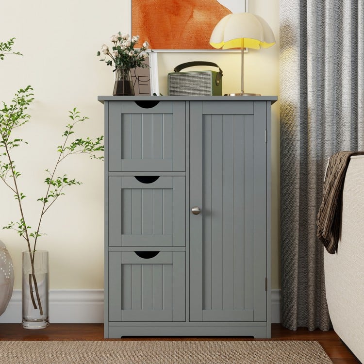 Gray bathroom floor cabinet featuring 3 drawers and 1 cupboard, made of premium density board for sturdy storage.