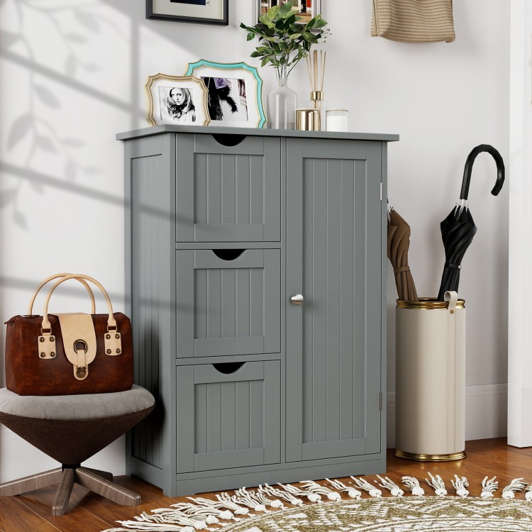 Gray bathroom floor cabinet featuring 3 drawers and 1 cupboard, ideal for versatile storage in any room.