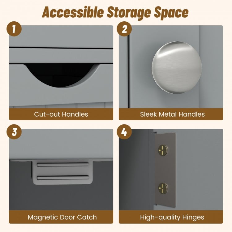 Close-up of the bathroom cabinet's sleek metal handle and magnetic door catch, showcasing accessible storage features.