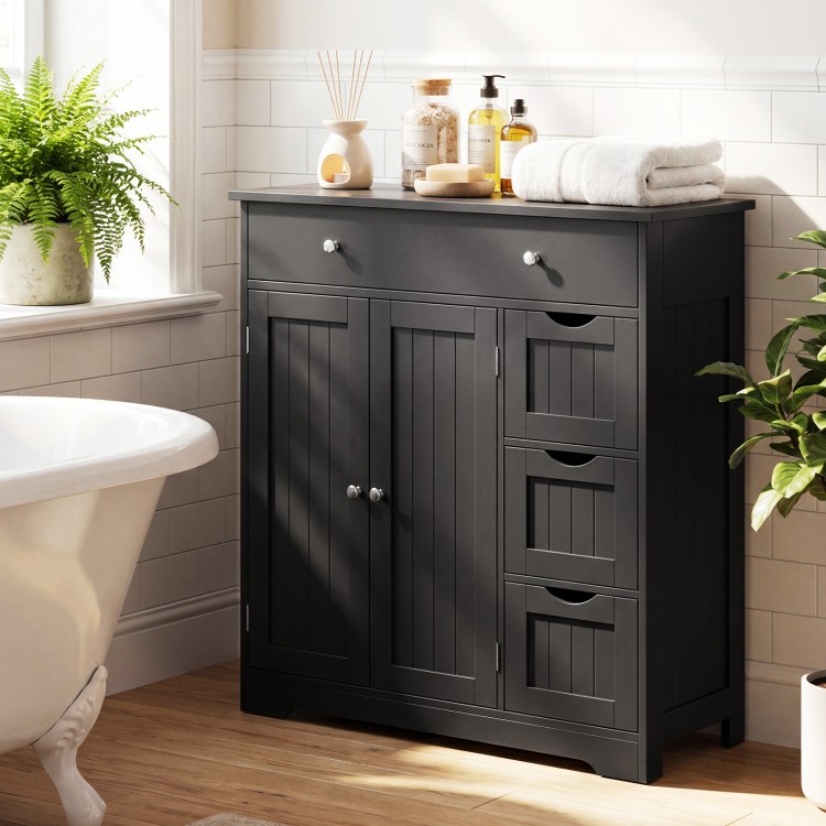 Black bathroom floor cabinet featuring 4 drawers, 2 doors, and an adjustable shelf for organized storage.
