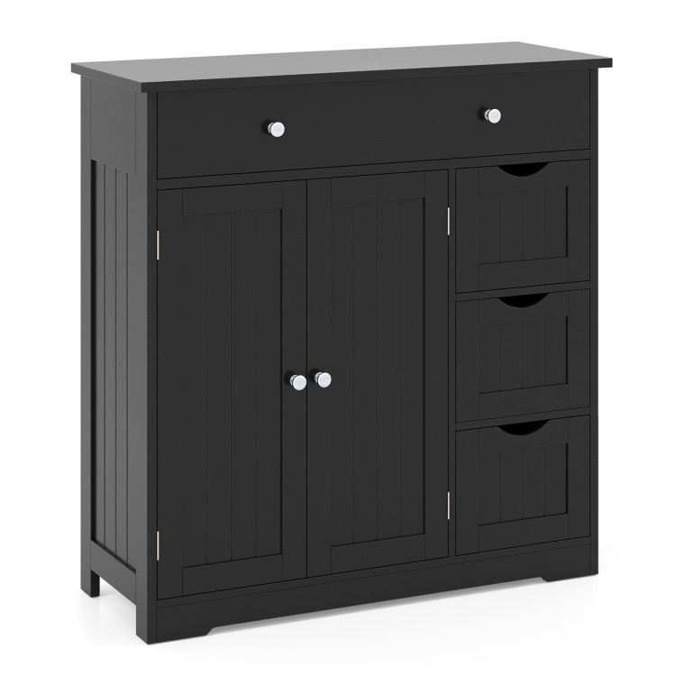 Close-up of the black bathroom floor cabinet's sleek metal handles and cut-out design for easy access and modern appeal.