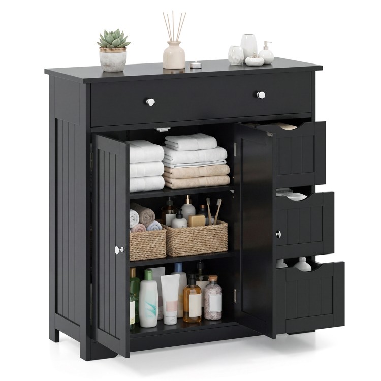 Black bathroom floor cabinet featuring 4 drawers, 2 doors, and adjustable shelf for organized storage and modern design.