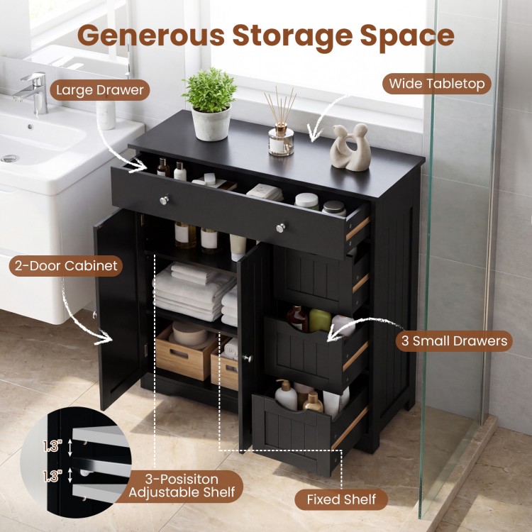 Black bathroom floor cabinet featuring a wide tabletop, large drawer, and 2-door cabinet for organized storage.