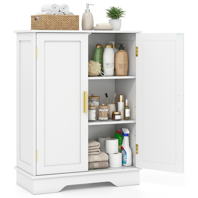 White bathroom floor storage cabinet with two doors, adjustable shelves, and large storage capacity for versatile use.