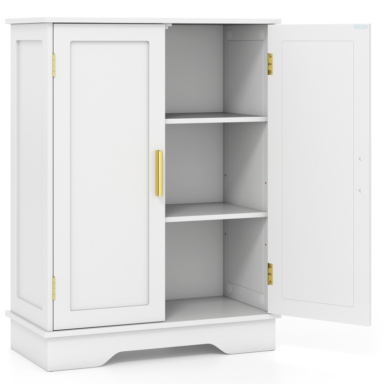 White bathroom floor storage cabinet with two doors, adjustable shelves, and elegant handles for versatile organization.
