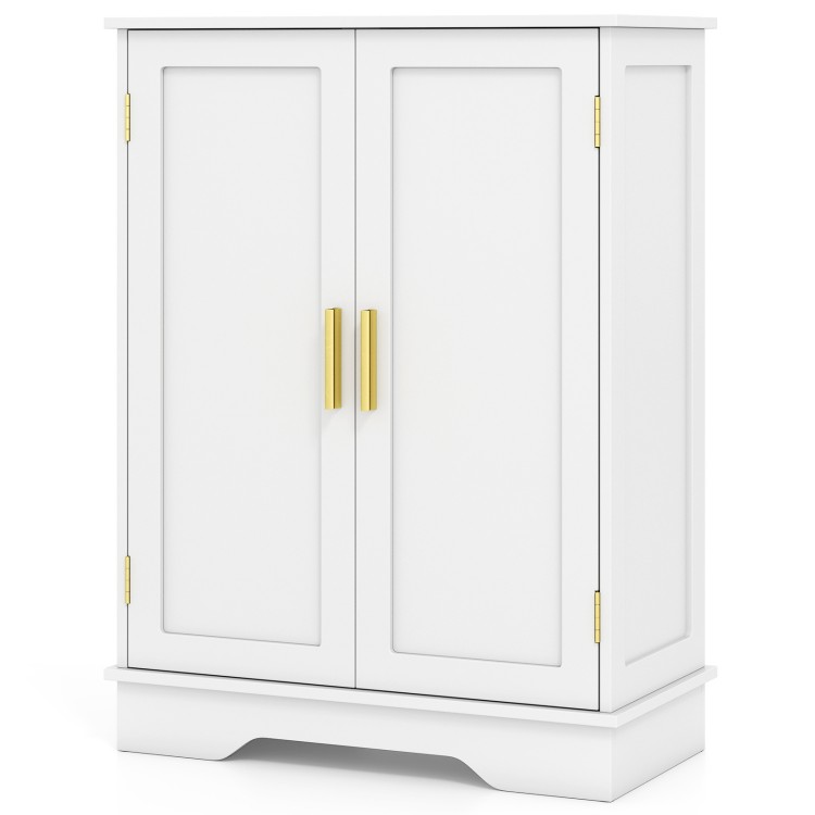 White bathroom floor storage cabinet with 2 doors, adjustable shelves, and gold handles for versatile home organization.