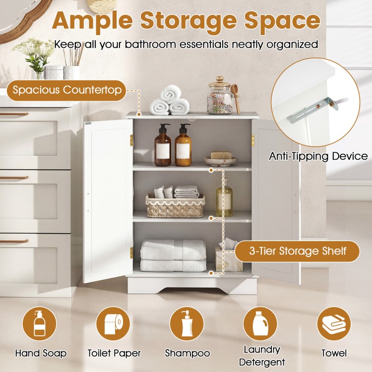 Bathroom floor storage cabinet in white with two doors, adjustable shelves, and ample storage for organization.