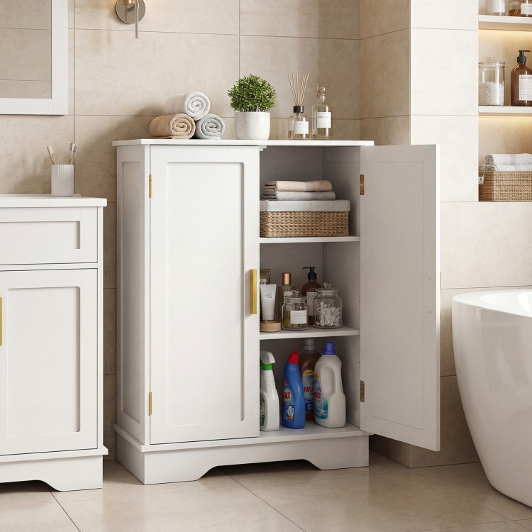 White bathroom floor storage cabinet with two doors and adjustable shelves, ideal for organizing toiletries and.