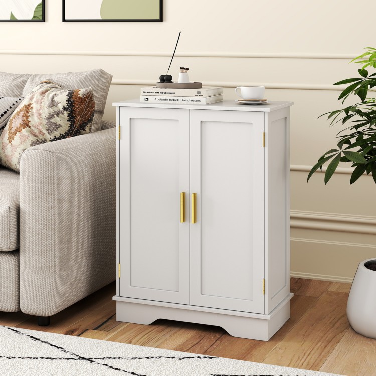 White bathroom floor storage cabinet with two doors, adjustable shelves, and gold handles for versatile home.