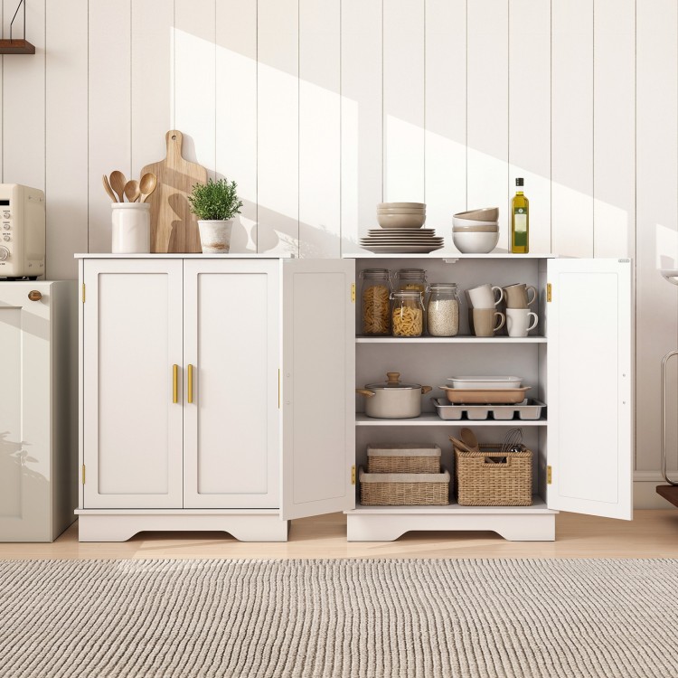 White bathroom floor storage cabinet with two doors and adjustable shelves, ideal for organizing various items.