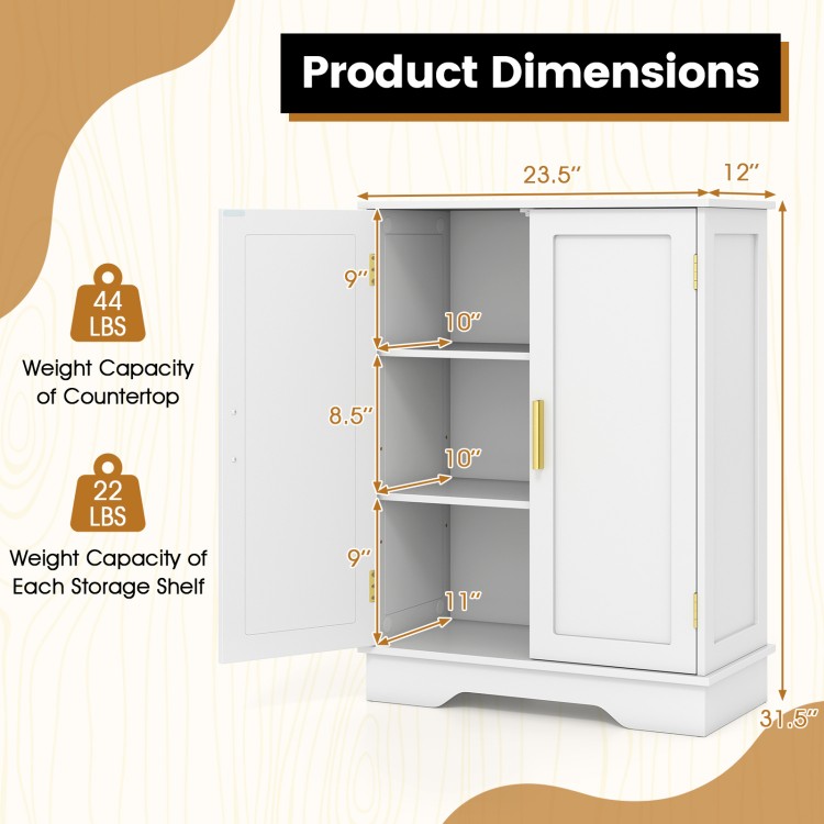 Bathroom floor storage cabinet in white with adjustable shelves, dimensions, and weight capacity details for versatile.