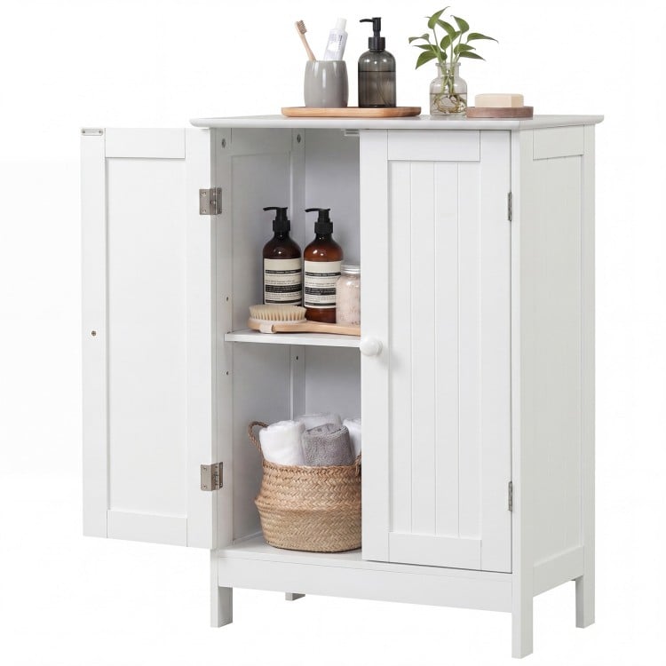 White bathroom floor storage cabinet with double doors and shelves, perfect for organizing toiletries and towels.